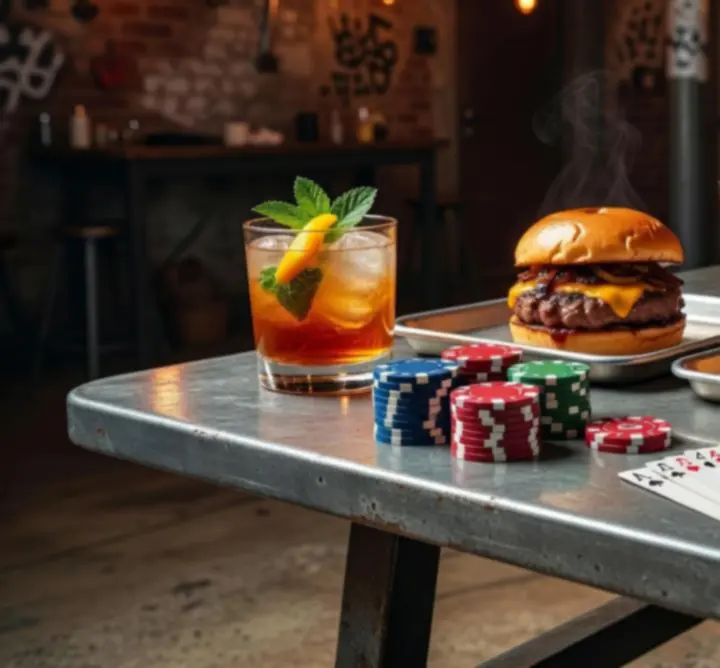 Burgery i koktajle serwowane przy stole pokerowym