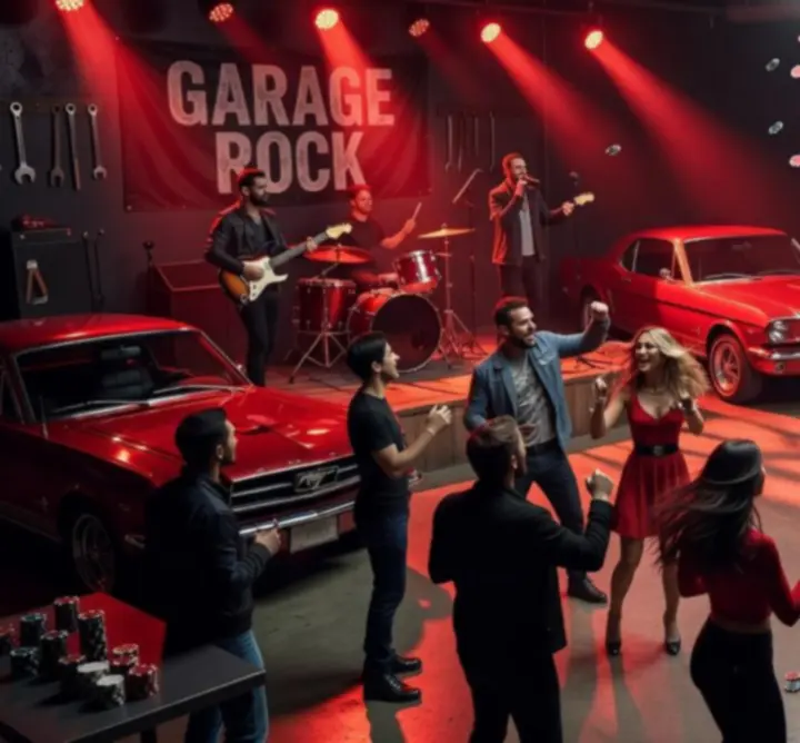 Kolaż scen z wydarzeń w Drive Core Garage: poker, muzyka, ekipy przy stołach