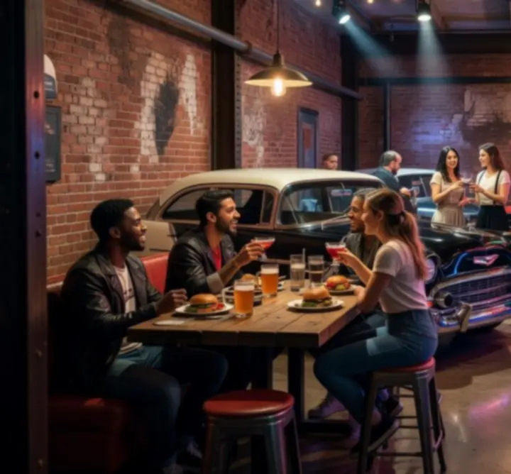 Industrialne wnętrze Drive Core Garage wieczorem, neonowe światła i grupy znajomych przy stołach