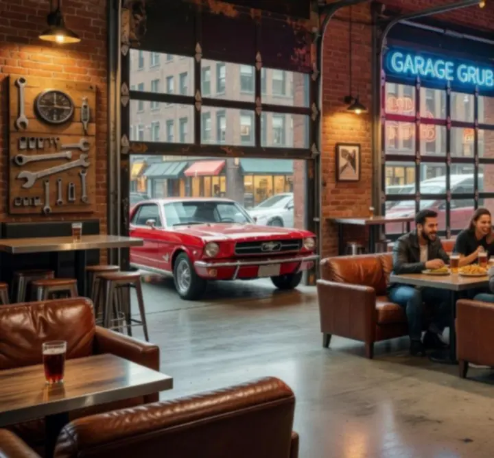 Industrialne wnętrze garażu z loftową restauracją Drive Core Garage