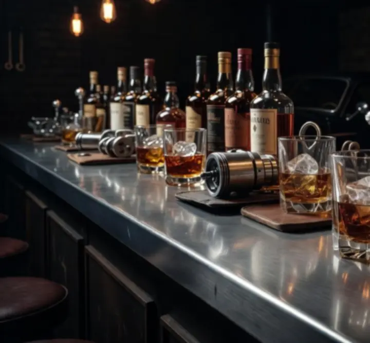 Metaliczny bar z butelkami whisky i mocnych alkoholi