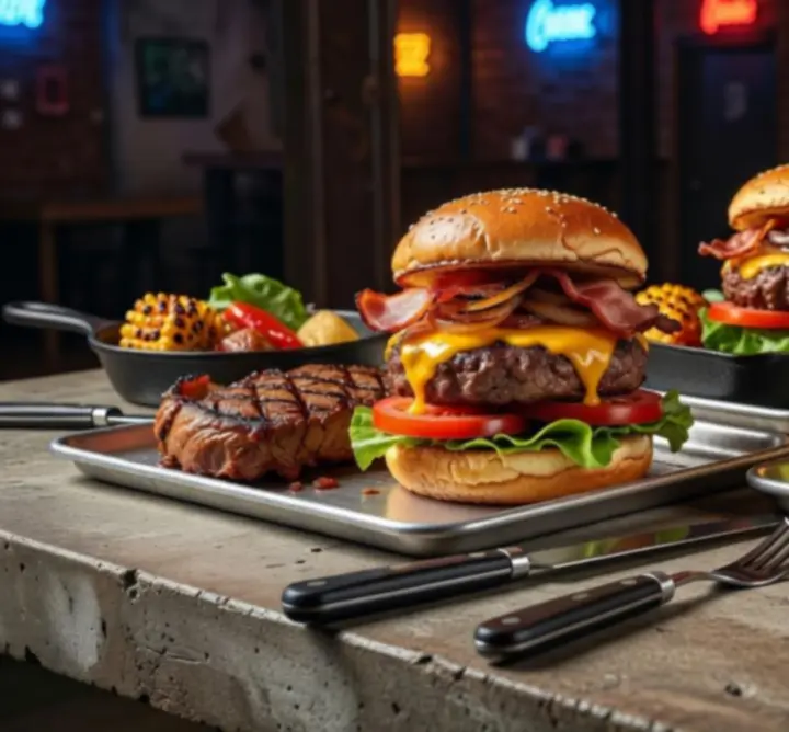 Soczyste burgery i steki z grilla serwowane w industrialnym wnętrzu