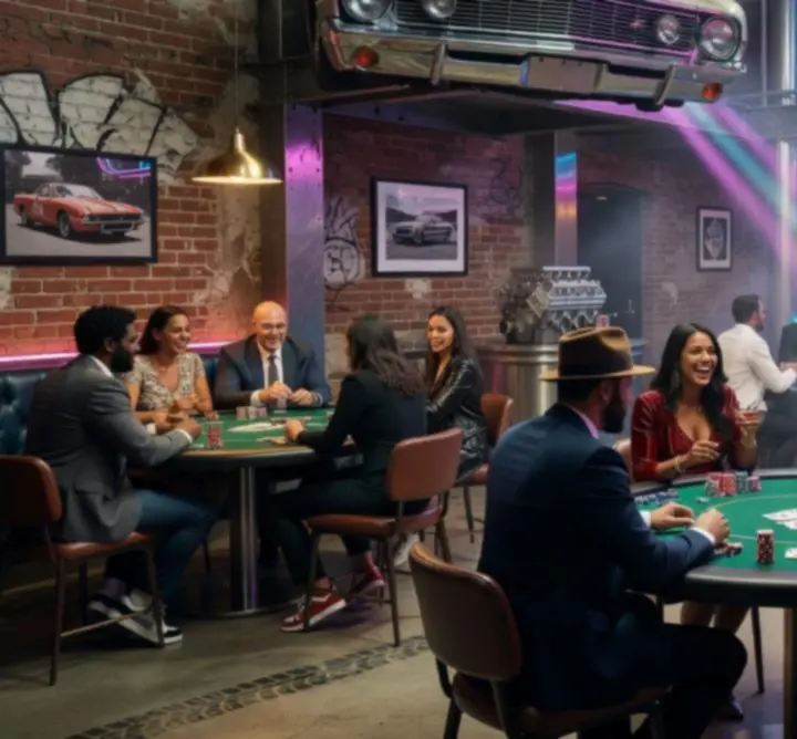 Industrialne wnętrze z pokerowymi stołami i vintage samochodami