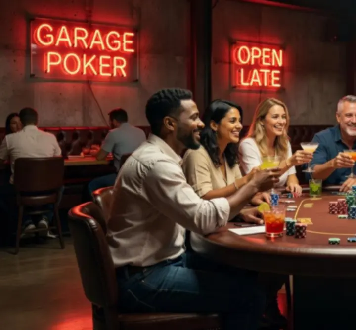 Stół pokerowy w industrialnym wnętrzu z kartami i żetonami podczas wieczoru w Drive Core Garage