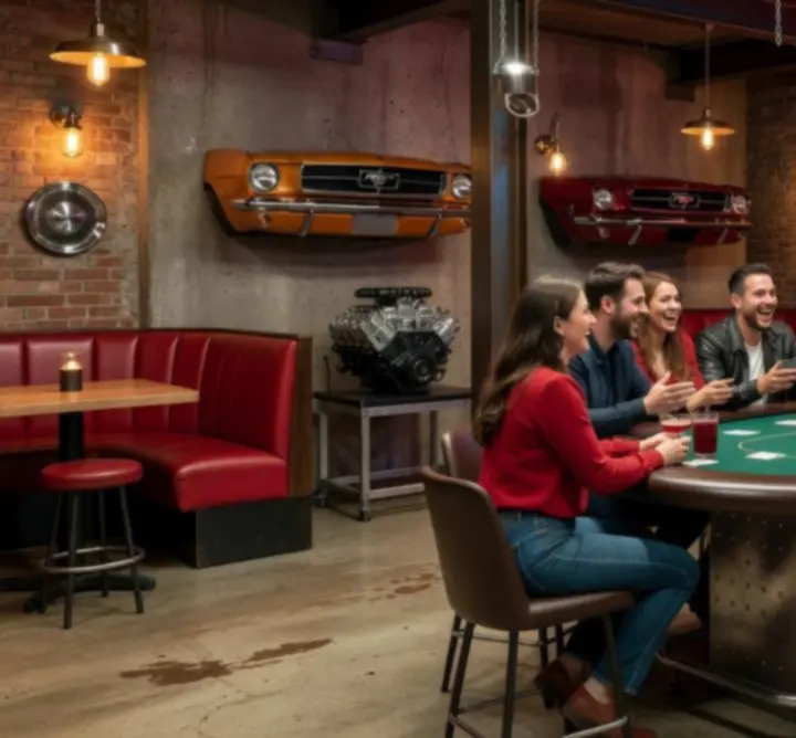 Stół pokerowy w industrialnym garażu Drive Core Garage