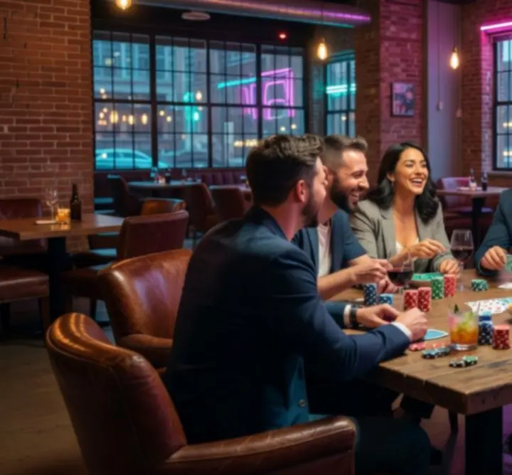 Grupa przyjaciół grająca w poker offline w industrialnym wnętrzu Drive Core Garage